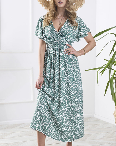 Florales dunkelgrünes Damenkleid mit Umschlagausschnitt - Kleidung