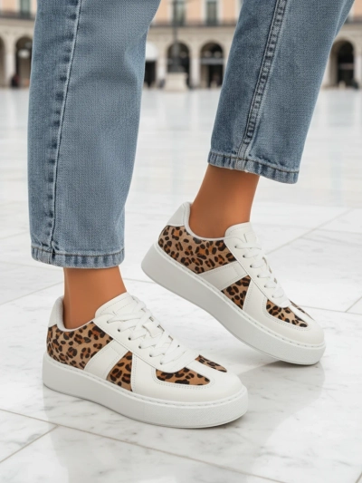 Damen Sneakers Calista Leopardia – Weißes Öko-Leder Stoff Frühling 4cm