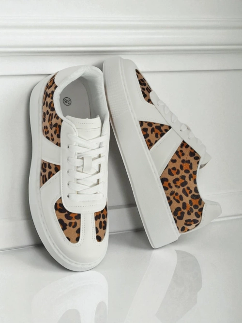 Жіночі Снікерси Calista Leopardia - Біла Еко Шкіра Тканина Весна 4см
