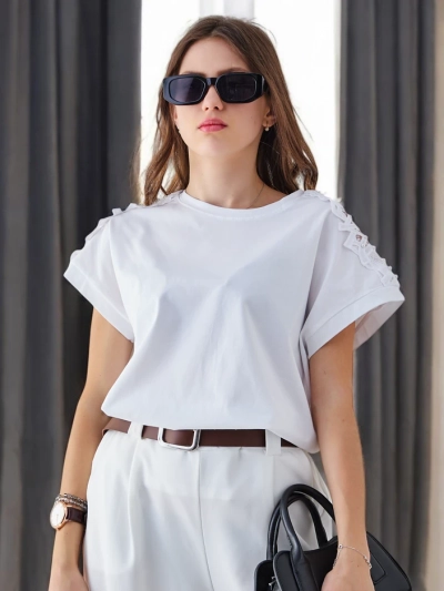 Royalfashion Damen Baumwoll-T-Shirt mit Spitzenärmeln
