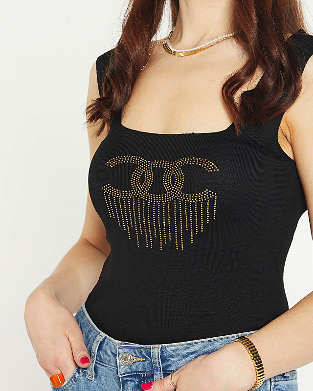 Schwarzes Damentop mit Zirkonia - Kleidung