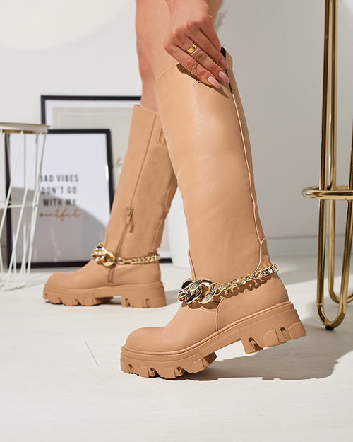 Коричневі жіночі чоботи з ланцюжком Sudzi