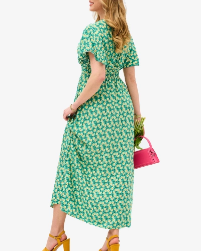 Grünes Damen-Midikleid mit gelbem Blumenmotiv - Kleidung