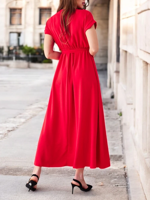 Royalfashion Жіноча міді-сукня з об'ємним вирізом, короткими рукавами та поясом