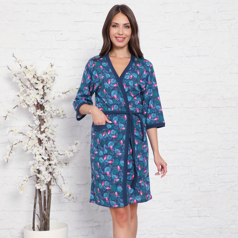 Marineblauer Morgenmantel für Damen mit Flamingos - Kleidung
