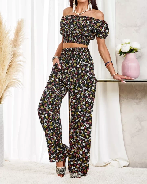 Royalfashion Schwarzes zweiteiliges Set für Damen mit Blumenmuster