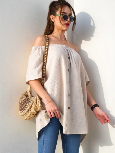 Royalfashion Baumwollbluse für Damen im spanischen Stil mit dekorativen Knöpfen