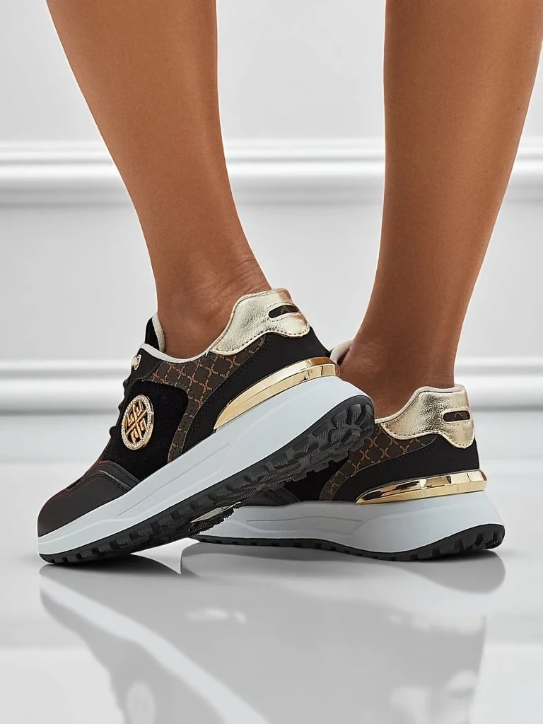 Damen Sneakers Polidora Nero Öko-Leder Schwarz Gold Frühling