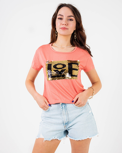 Korallenrotes Damen-T-Shirt mit Aufschrift und Pailletten - Kleidung