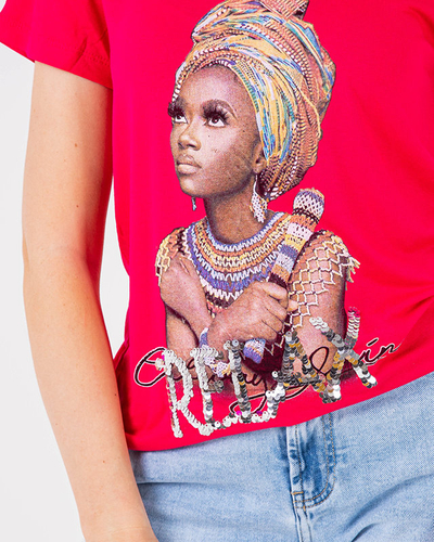 Fuchsiafarbenes Damen-T-Shirt mit buntem Aufdruck und Pailletten - Kleidung