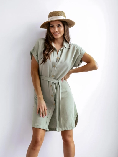 Royalfashion Жіноча міні-сукня з короткими рукавами та поясом на ґудзиках