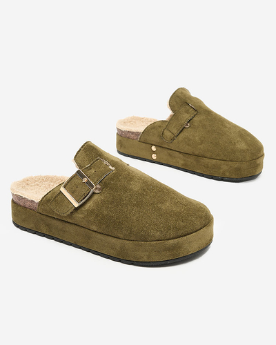 Royalfashion Damenpantoffeln mit Schafsfell und Schnalle Kajis