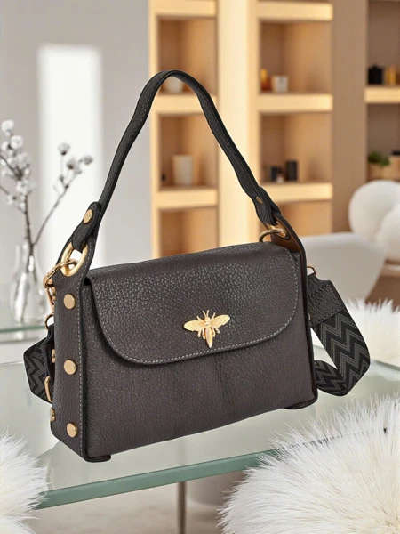 Damenhandtasche Hera Nero aus Öko-Leder mit dekorativer Biene – Grau