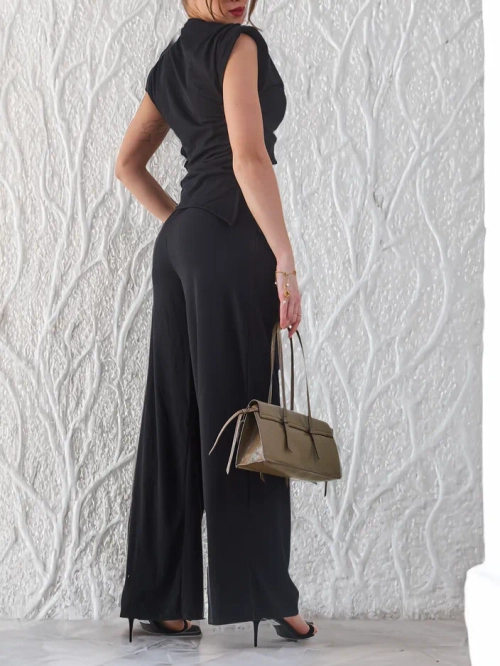 Royalfashion Жіночий рибаний комплект з асиметричним верхом, без рукавів та широкими штанами