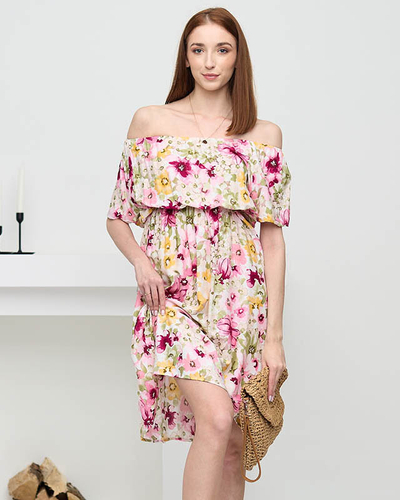 Rosafarbenes, knielanges Kleid mit mehrfarbigem Blumenmuster - Kleidung