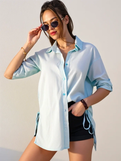Royalfashion Damen-Langarm-Hemd aus Baumwolle mit Bindeband in der Taille