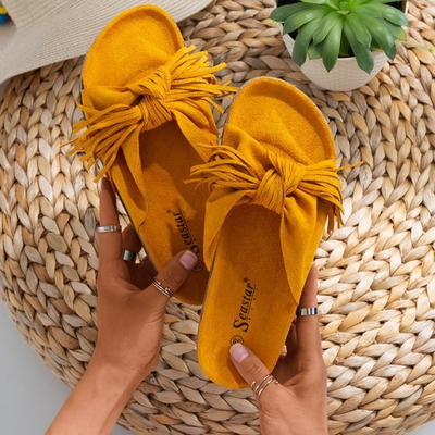 Damen-Senfpantoffeln mit Amassa-Fransen - Schuhe
