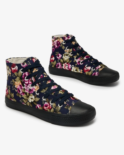 Royalfashion Damen hohe marineblaue Sneakers mit bunten Blumen Soxic
