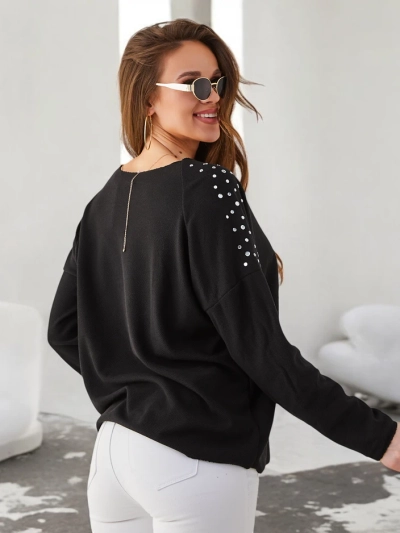 Royalfashion Damen dünner Viskosepullover mit Strasssteinen auf den Schultern