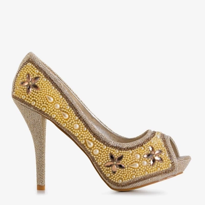 OUTLET Gold Damen Brokat Pumps mit Zirkonen und Gitana Perlen - Schuhe