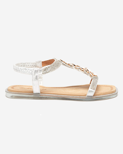 Silberne Damensandalen Soritis mit Blumen - Schuhe