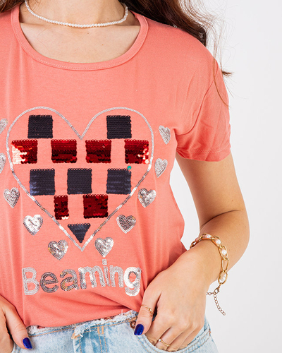 Korallenfarbenes Damen-T-Shirt mit Aufdruck - Kleidung