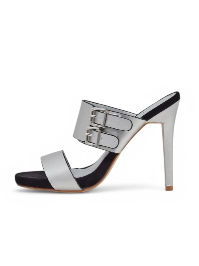 Sandale Aletheia silber mit 12cm Stilettoabsatz aus ökologischem Leder mit Riemchen