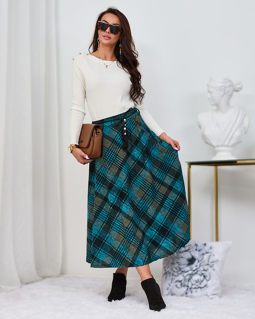 Royalfashion Світло-коричнева та бірюзова жіноча спідниця міді в клітинку