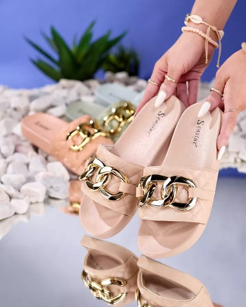 Beige gesteppte Damen-Flip-Flops mit Goldkette Eteris - Schuhe