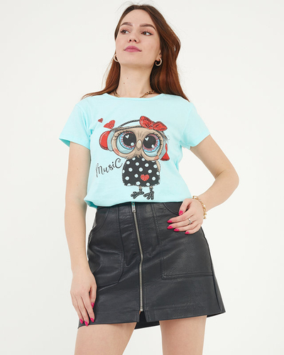 Damen-T-Shirt mit Eulen-Print in Mintfarbe - Bekleidung