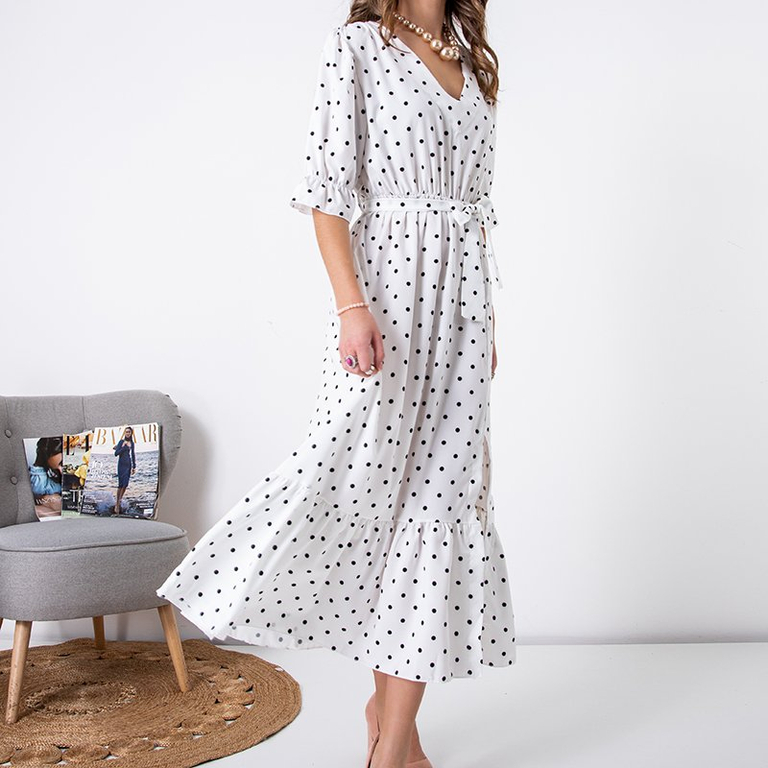 Weißes gepunktetes langes Kleid der Frauen - Kleidung