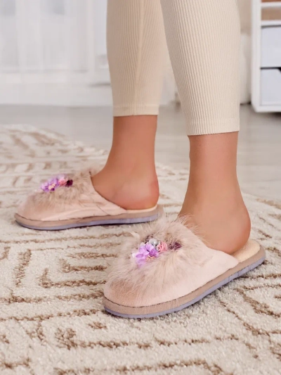 Royalfashion Damen-Fellslipper mit Blumen Ederra