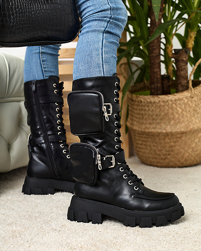 Schwarze Arbeitsstiefel mit Zierbeuteln am Schaft Sello- Footwear