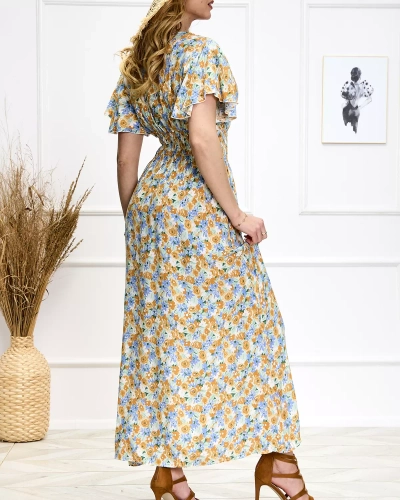 Blaues und gelbes Midikleid mit Blumenmuster - Schuhe