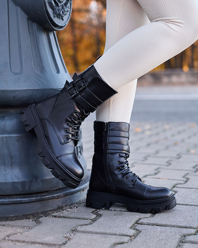 Royalfashion Eco Leder Damen Baggerstiefel in schwarz Faserti