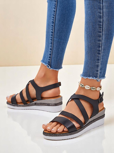 Aurelia Nero – Schwarze Damen Sandalen mit Keilabsatz Royalfashion Öko-Leder
