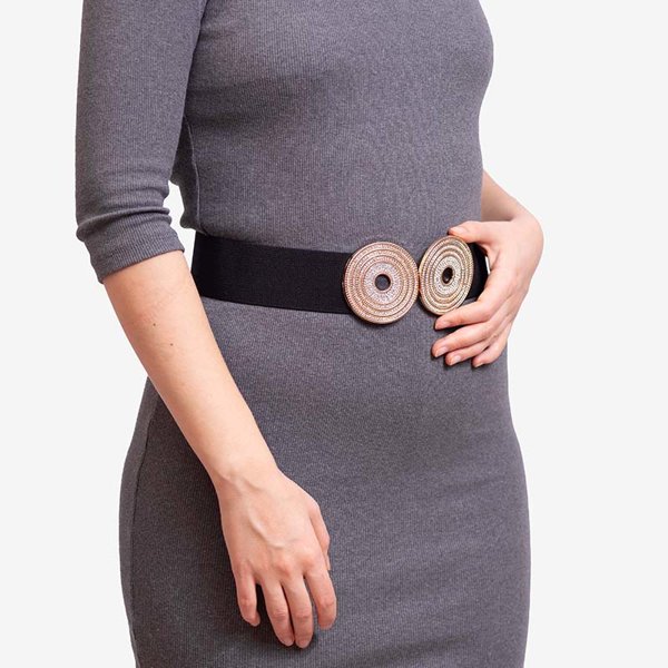 Schwarzer elastischer Gürtel mit goldener Schnalle mit Zirkonia - Accessoires