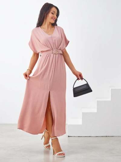 Royalfashion Damen Midi-Kleid mit kurzen Ärmeln, V-Ausschnitt und Schlitz in der Mitte