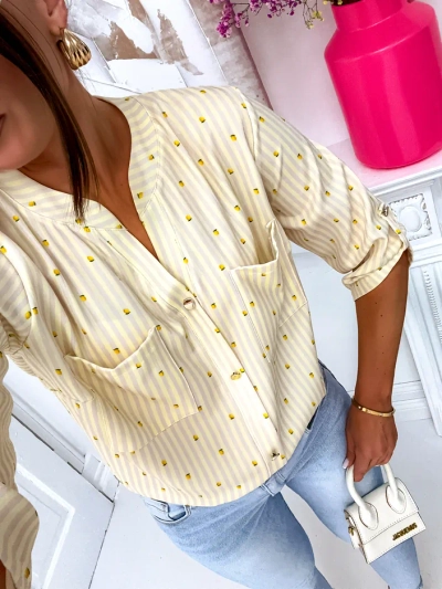 Royalfashion Жіноча смугаста сорочка з лимонами та V-подібним вирізом