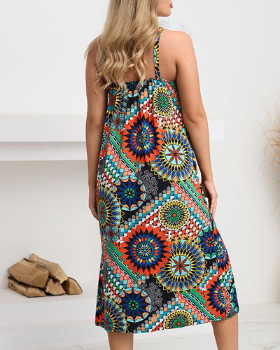 Orangefarbenes Midikleid mit buntem geometrischem Muster - Bekleidung