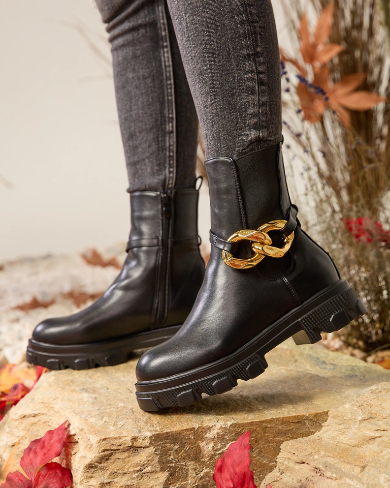 OUTLET Royalfashion Schwarze hohe Damenstiefel mit Goldverzierung Glamorous Golden