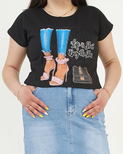 Schwarzes Damen-T-Shirt mit Aufdruck - Kleidung