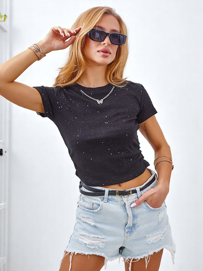 Royalfashion Damen Baumwoll-T-Shirt mit seitlichen Raffungen, Kettendetail und Glitzer