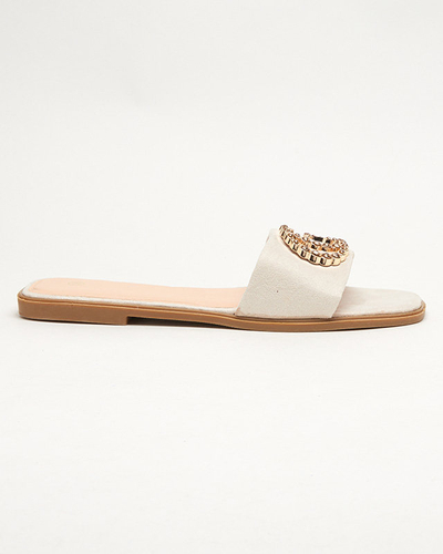 Öko-Veloursleder-Hausschuhe in Beige mit goldenem Hana-Ornament - Schuhe