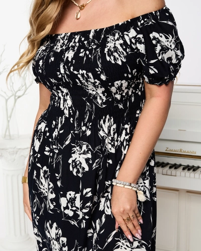 Schwarzes Damen-Midikleid mit floralem Muster - Kleidung