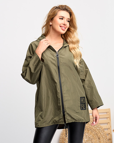 Dunkelgrüne lange Damen-Windjacke mit Aufnäher - Kleidung