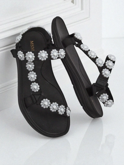 Royalfashion Perseida Damen Plateausandalen Schwarz mit Perlen