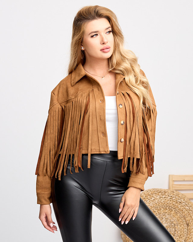 Braune Bikerjacke mit Fransen für Damen - Kleidung