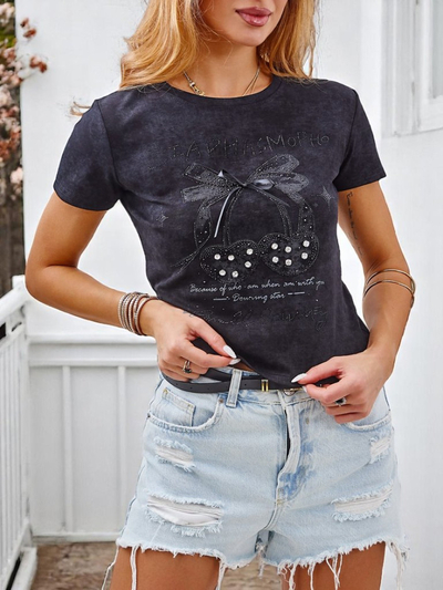 Royalfashion Damen Baumwoll-T-Shirt mit Strasssteinen und Schleife