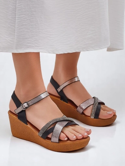 Royalfashion Damen-Wedgesandalen mit Strasssteinen und Glitzer Glittera